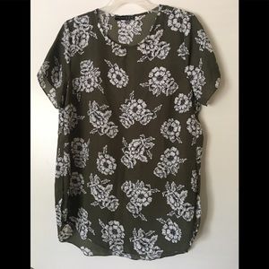 Olive green, white flowers print shirt.